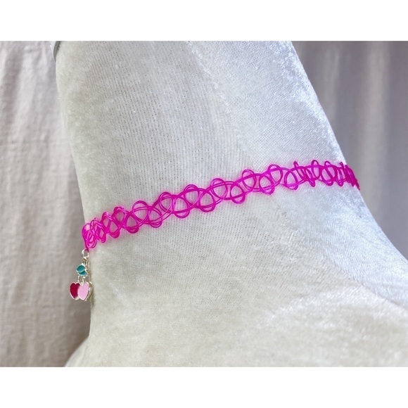 Pink stretch tattoo choker with cherry charm - Picture 2 of 3